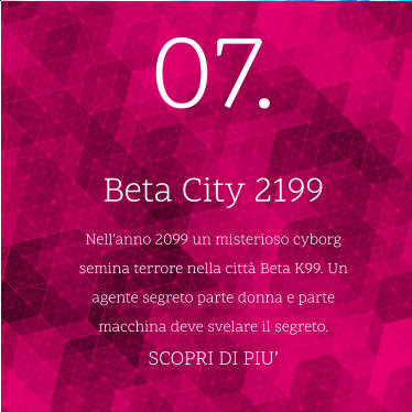 07. Beta City 2199 Nell’anno 2099 un misterioso cyborg  semina terrore nella città Beta K99. Un agente segreto parte donna e parte macchina deve svelare il segreto. SCOPRI DI PIU’